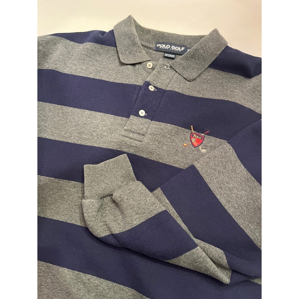 Polo Golf Ralph Lauren Mens XL Long Sleeve Rugby Shirt Navy Gray Striped Fleece